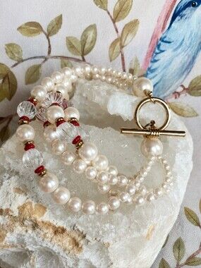 4 Strand Faux Pearl Acrylic Clear Bracelet Gold Tone Spacers Seed Beads Toggle